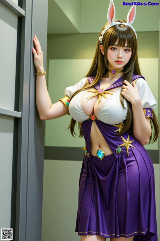 A woman in a purple and white outfit posing for a picture.