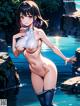 A naked anime girl standing in a body of water.